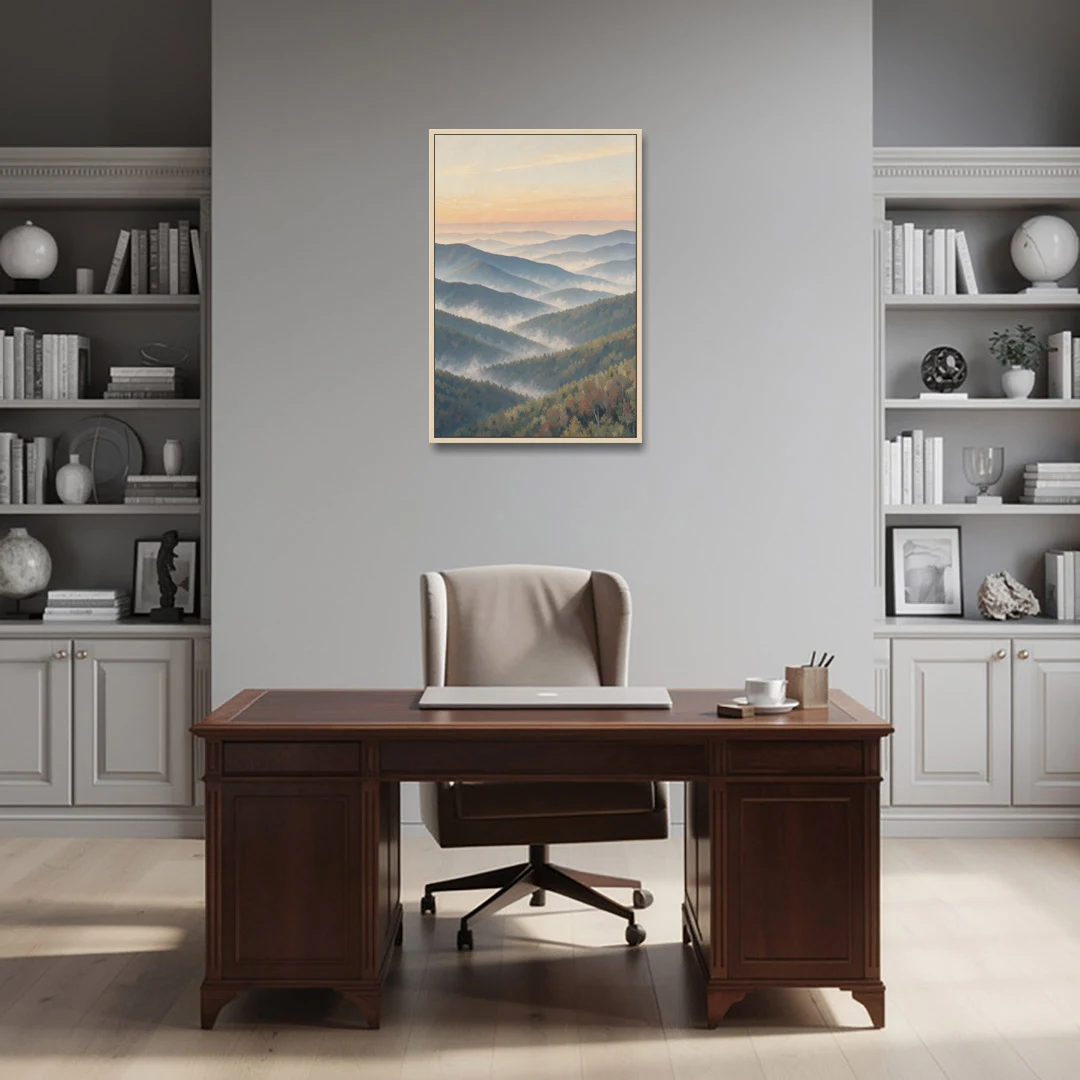 Smoky Mountains at Misty Dawn for the Living Room - Oak Framed Canvas Wall Art - Office - 24x36