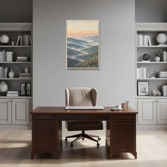 Smoky Mountains at Misty Dawn for the Living Room - Oak Framed Canvas Wall Art - Office - 24x36