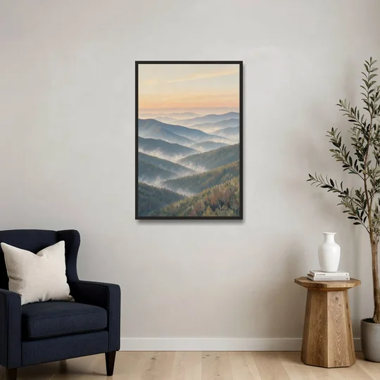 Smoky Mountains at Misty Dawn for the Living Room - Black Framed Canvas Wall Art - Sofa - 24x36