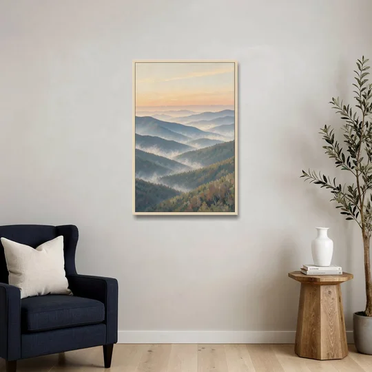 Smoky Mountains at Misty Dawn for the Living Room - Oak Framed Canvas Wall Art - Sofa - 24x36