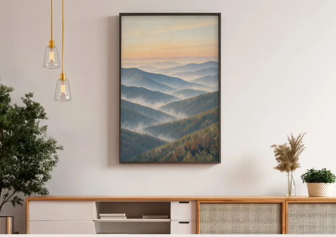 Smoky Mountains at Misty Dawn for the Living Room canvas wall art above a wooden sideboard under pendant lights