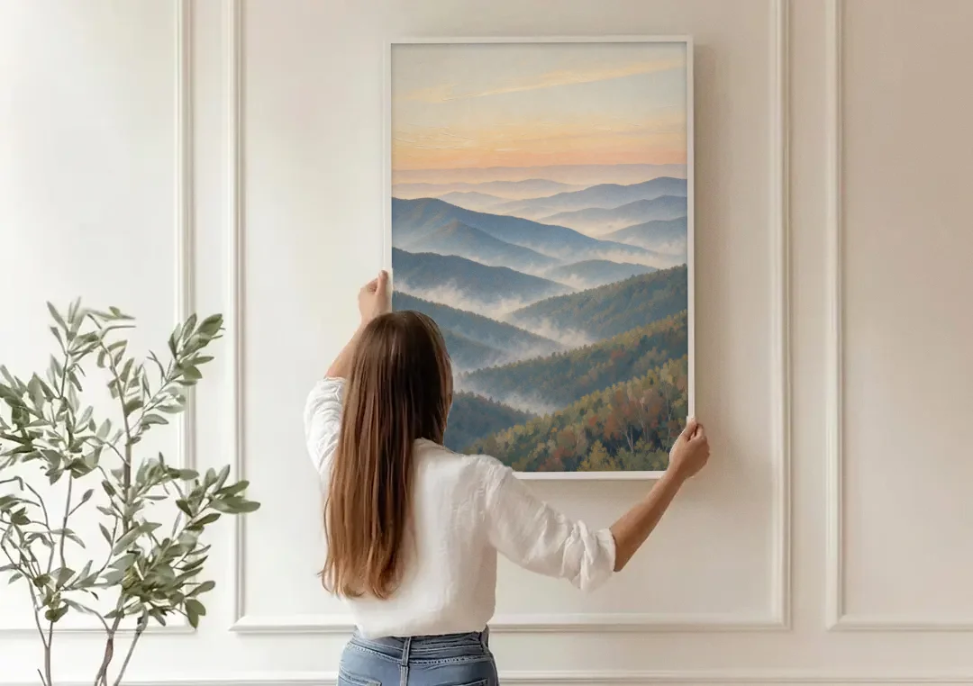 Smoky Mountains at Misty Dawn for the Living Room canvas wall art being hung on a paneled wall