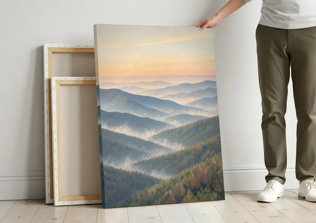 Smoky Mountains at Misty Dawn for the Living Room canvas wall art leaning against a wall next to blank canvases