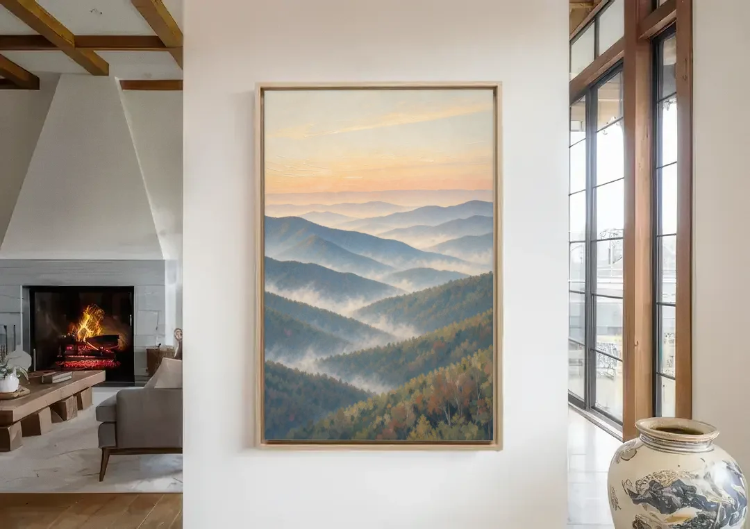 Smoky Mountains at Misty Dawn for the Living Room canvas wall art in a living room with a fireplace
