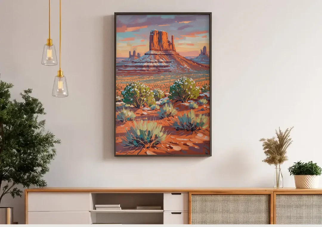 Winter Snow on the Red Rock Buttes canvas wall art above a wooden sideboard under pendant lights