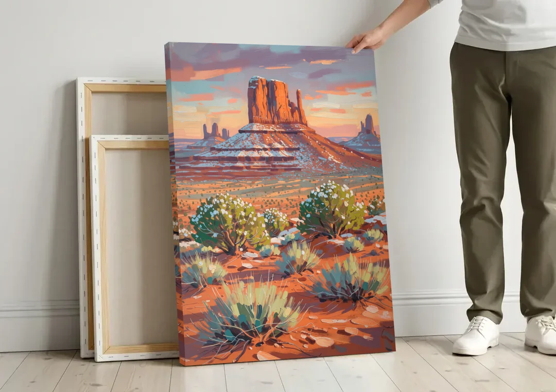 Winter Snow on the Red Rock Buttes canvas wall art leaning against a wall next to blank canvases
