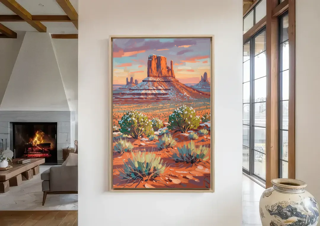 Winter Snow on the Red Rock Buttes canvas wall art in a living room with a fireplace