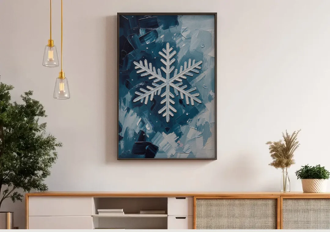 Snowflake Wall Art in Silver and Teal canvas wall art above a wooden sideboard under pendant lights