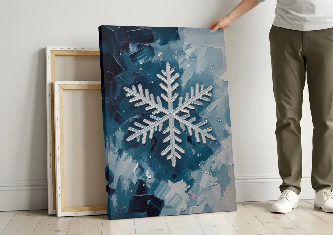 Snowflake Wall Art in Silver and Teal canvas wall art leaning against a wall next to blank canvases