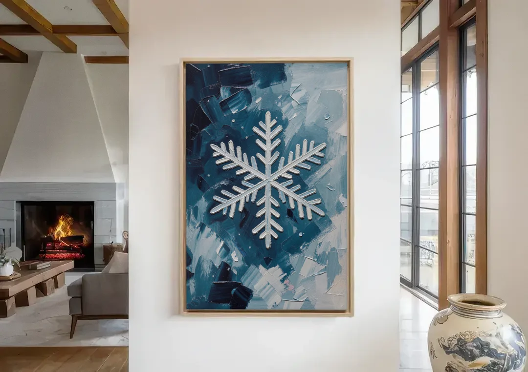 Snowflake Wall Art in Silver and Teal canvas wall art in a living room with a fireplace