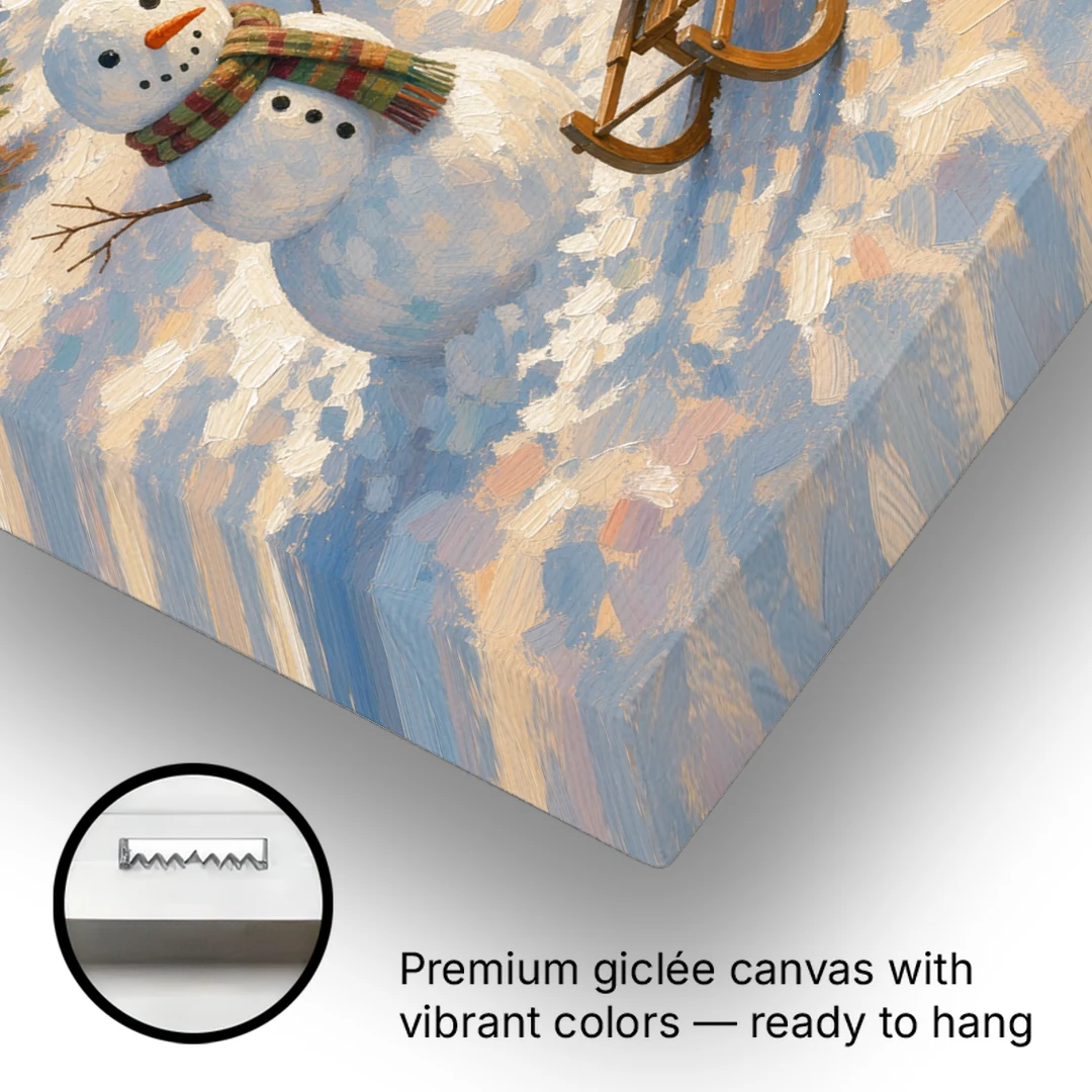Snowman and Sled at the Christmas Tree Farm - Canvas Wall Art - Gallery Wrap Corner