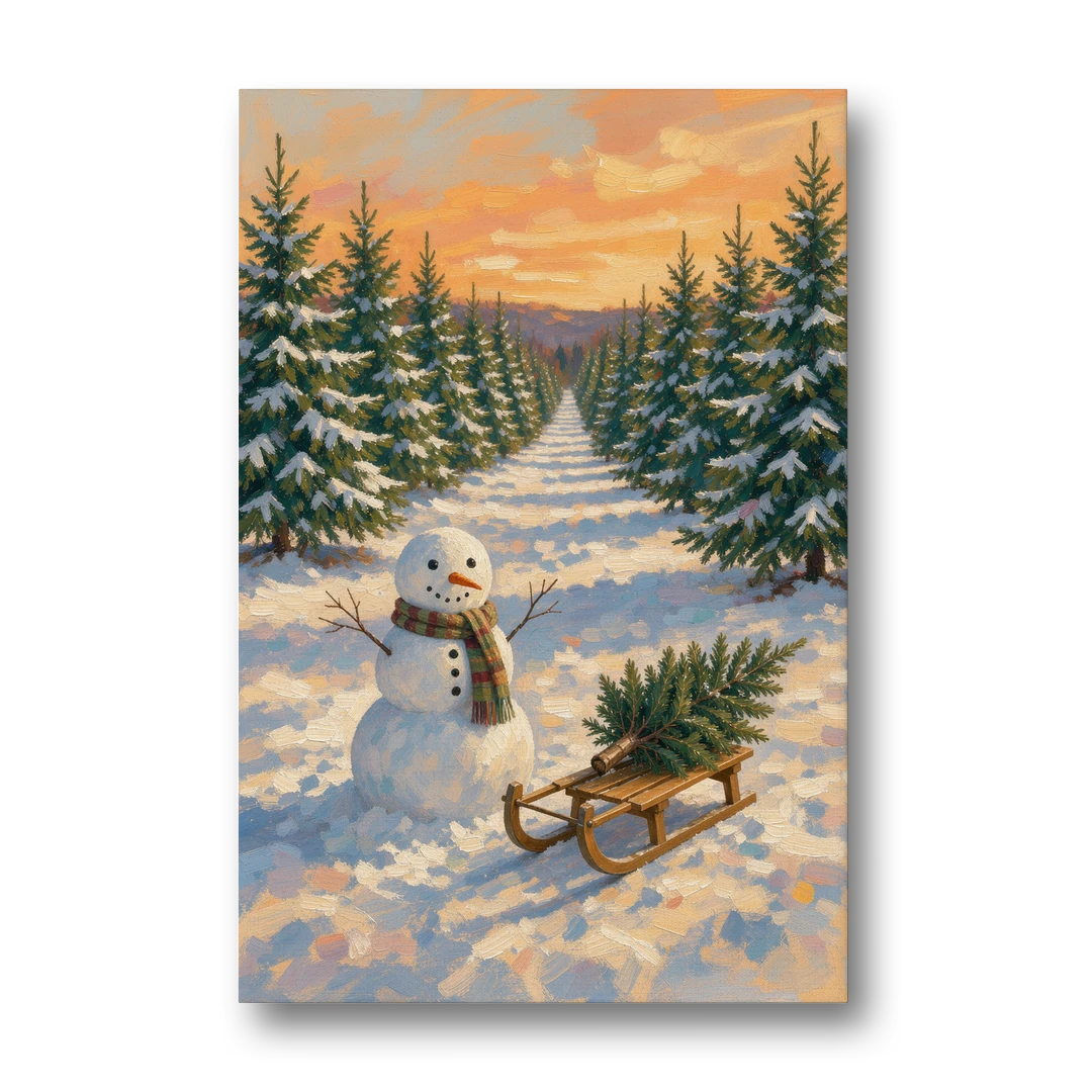Snowman and Sled at the Christmas Tree Farm - Canvas Wall Art - Front