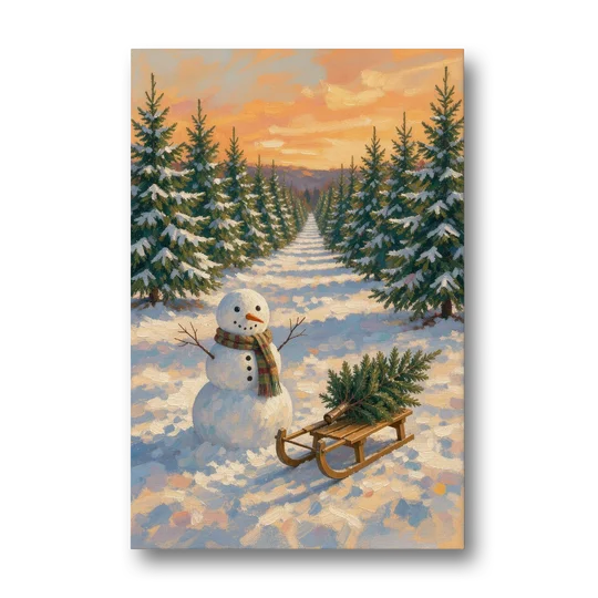 Snowman and Sled at the Christmas Tree Farm - Canvas Wall Art - Front