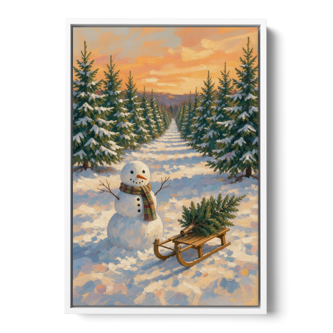 Snowman and Sled at the Christmas Tree Farm - White Framed Canvas Wall Art - Front