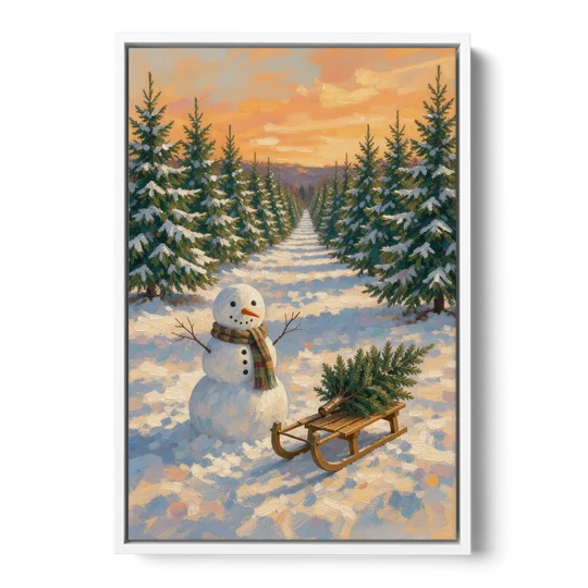 Snowman and Sled at the Christmas Tree Farm - White Framed Canvas Wall Art - Front