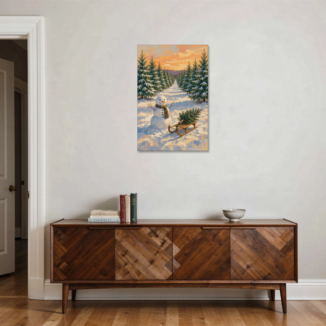Snowman and Sled at the Christmas Tree Farm - Canvas Wall Art - Coffee Table - 24x36