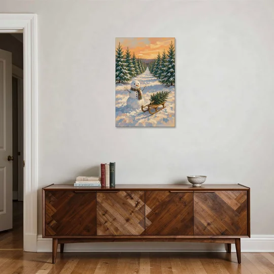 Snowman and Sled at the Christmas Tree Farm - Canvas Wall Art - Coffee Table - 24x36
