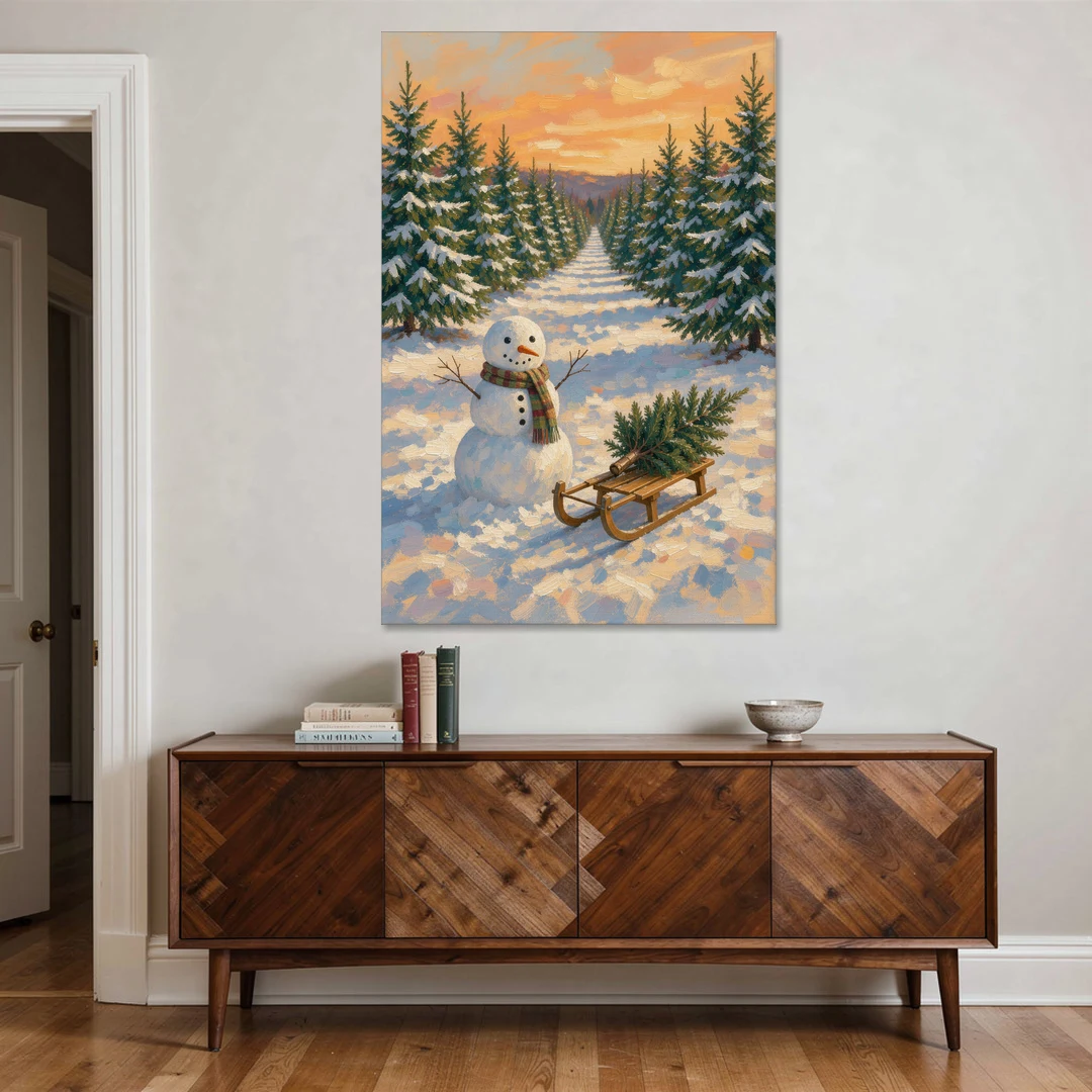 Snowman and Sled at the Christmas Tree Farm - Canvas Wall Art - Coffee Table - 40x60
