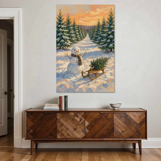 Snowman and Sled at the Christmas Tree Farm - Canvas Wall Art - Coffee Table - 40x60