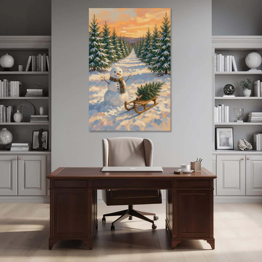 Snowman and Sled at the Christmas Tree Farm - Canvas Wall Art - Office - 40x60