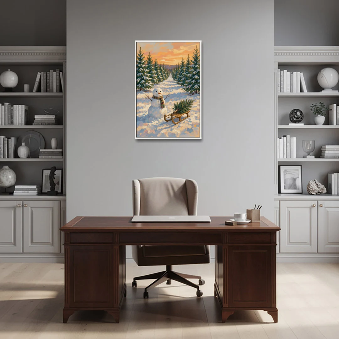 Snowman and Sled at the Christmas Tree Farm - White Framed Canvas Wall Art - Office - 24x36