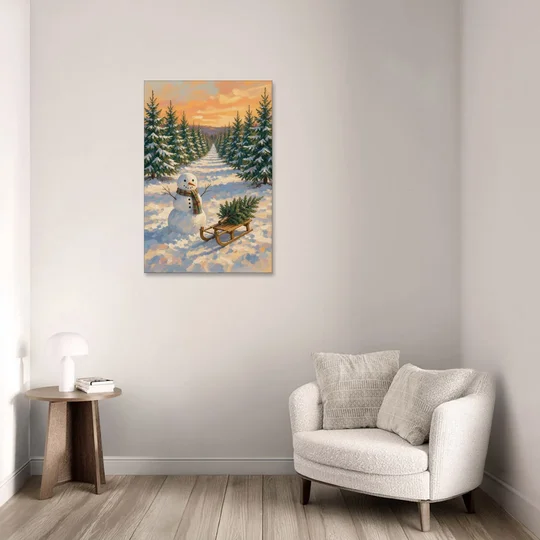 Snowman and Sled at the Christmas Tree Farm - Canvas Wall Art - Sofa - 24x36