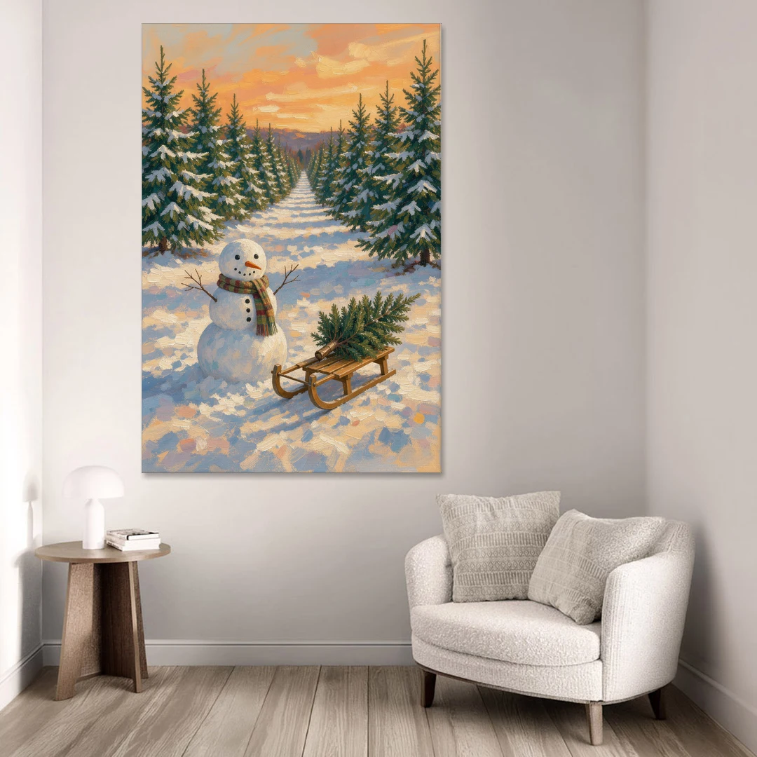Snowman and Sled at the Christmas Tree Farm - Canvas Wall Art - Sofa - 40x60