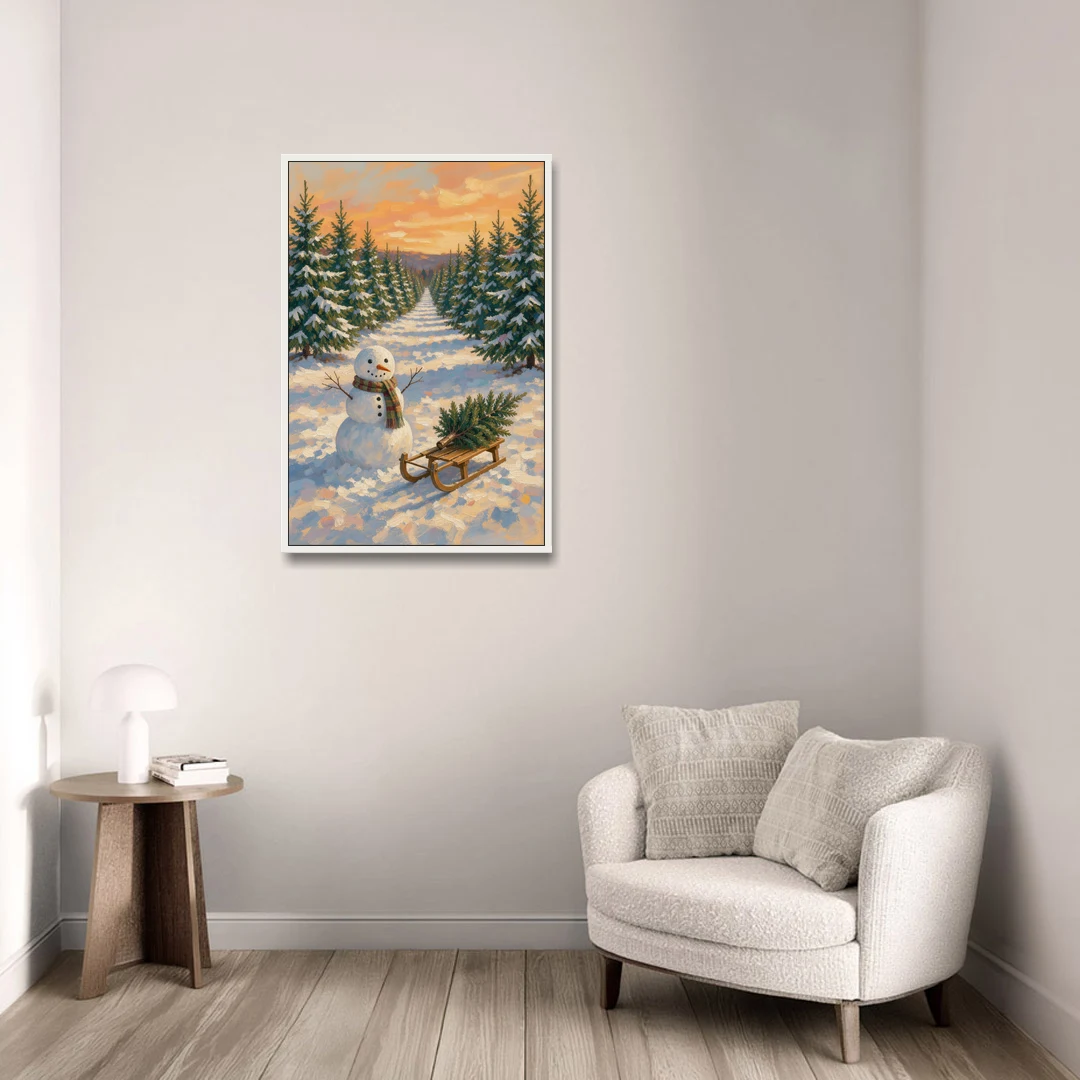 Snowman and Sled at the Christmas Tree Farm - White Framed Canvas Wall Art - Sofa - 24x36