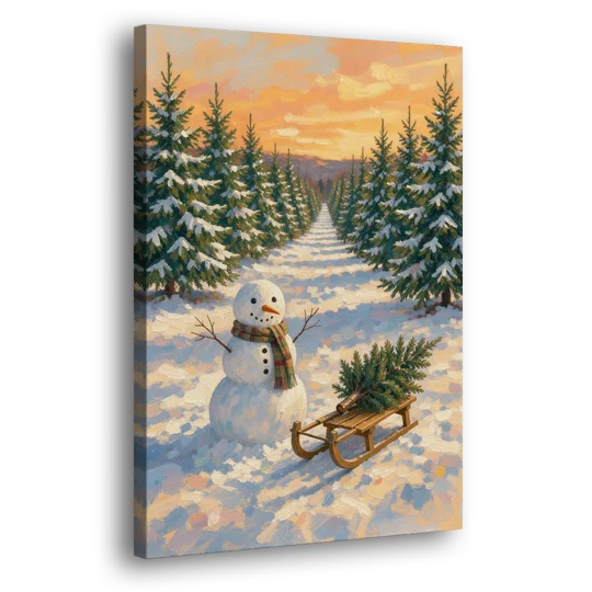 Snowman and Sled at the Christmas Tree Farm - Canvas Wall Art - Side