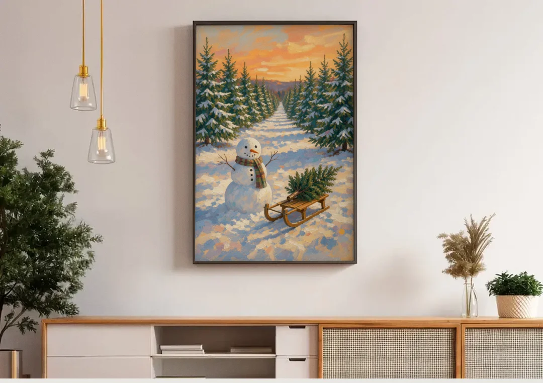 Snowman and Sled at the Christmas Tree Farm canvas wall art above a wooden sideboard under pendant lights