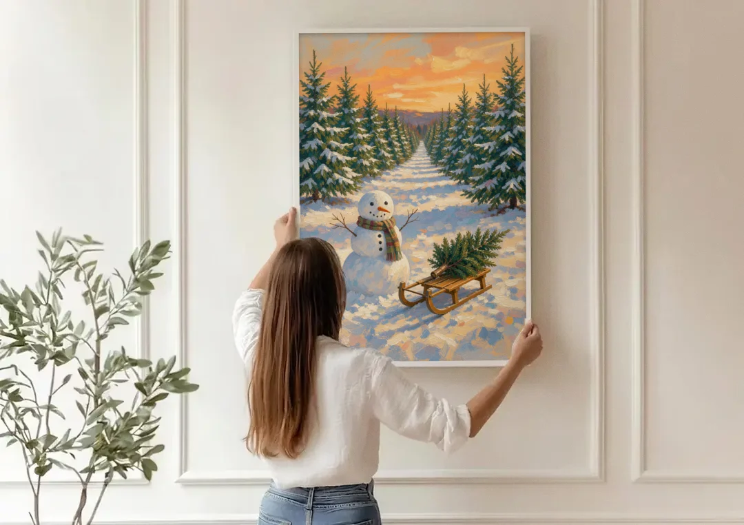 Snowman and Sled at the Christmas Tree Farm canvas wall art being hung on a paneled wall