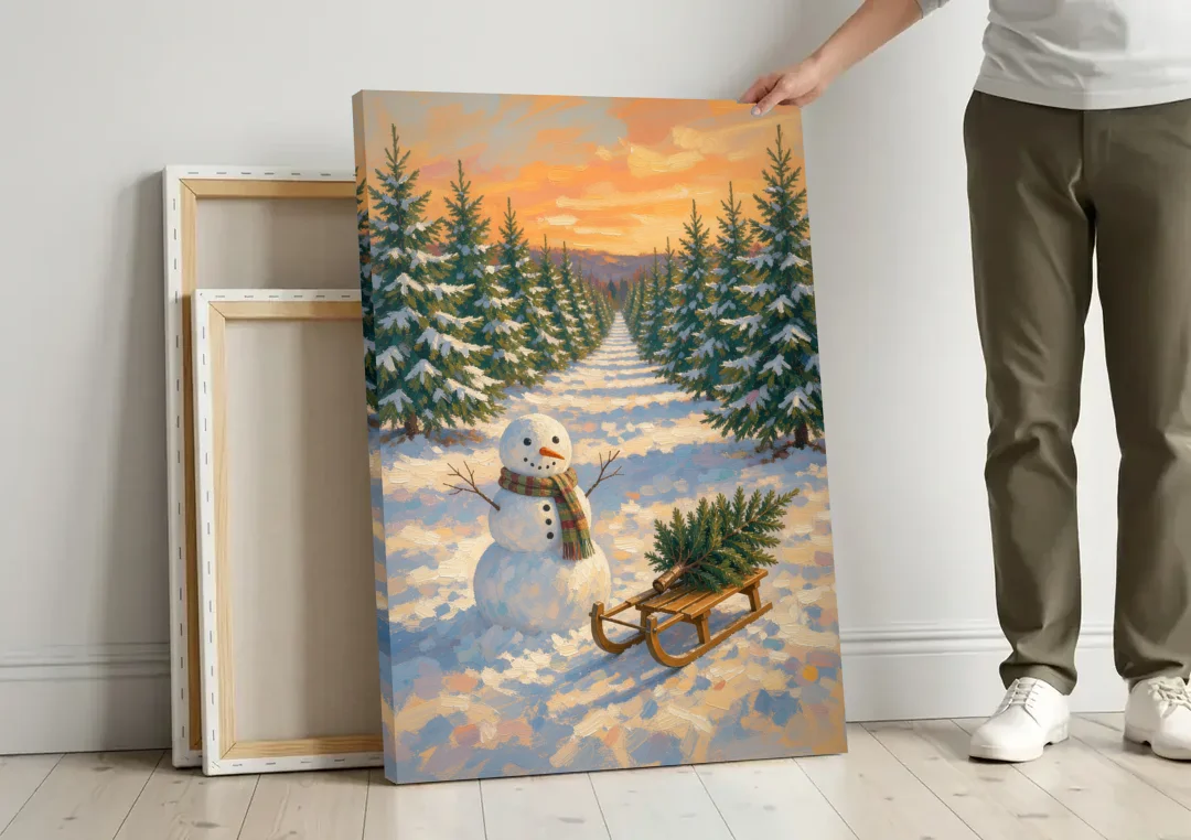 Snowman and Sled at the Christmas Tree Farm canvas wall art leaning against a wall next to blank canvases