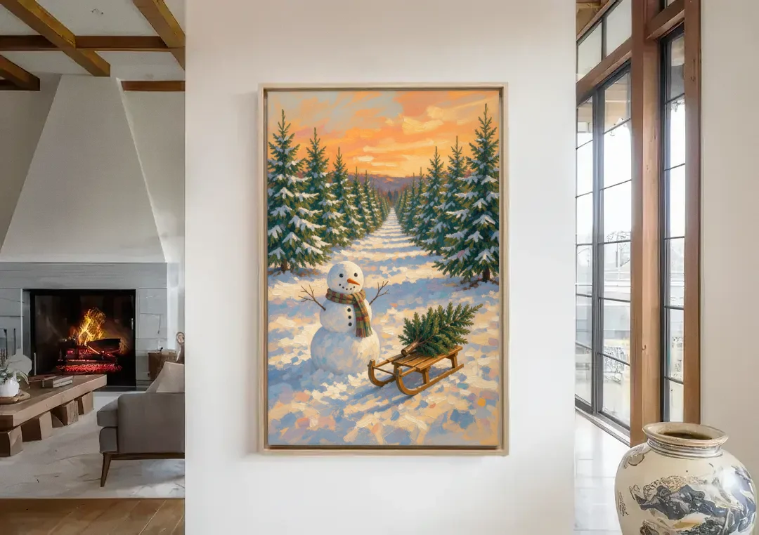 Snowman and Sled at the Christmas Tree Farm canvas wall art in a living room with a fireplace