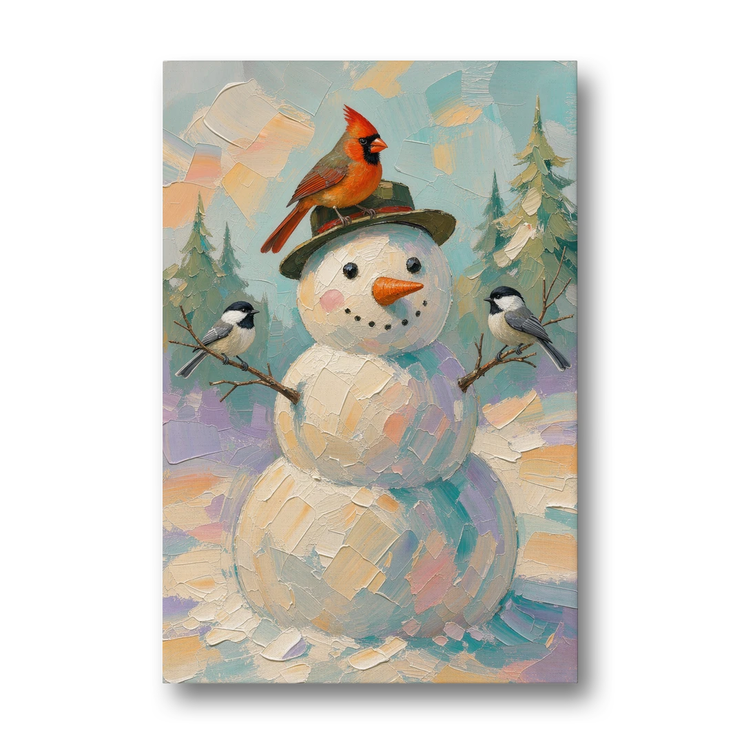 Snowman Artwork with Cardinal and Chickadees - Canvas Wall Art - Front