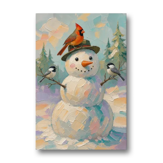 Snowman Artwork with Cardinal and Chickadees - Canvas Wall Art - Front