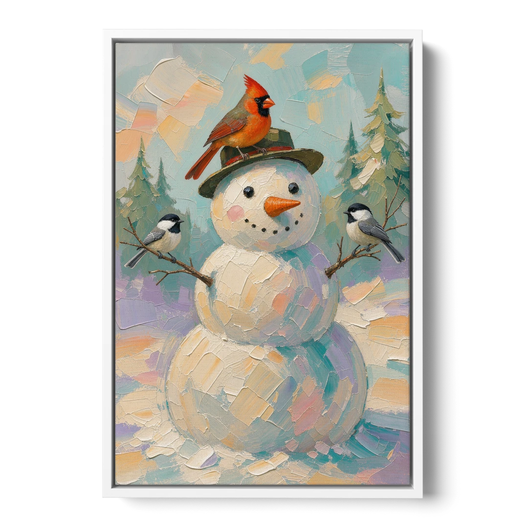 Snowman Artwork with Cardinal and Chickadees - White Framed Canvas Wall Art - Front