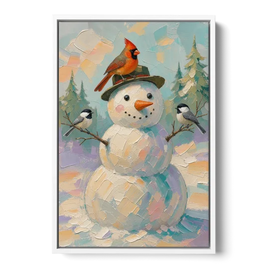 Snowman Artwork with Cardinal and Chickadees - White Framed Canvas Wall Art - Front