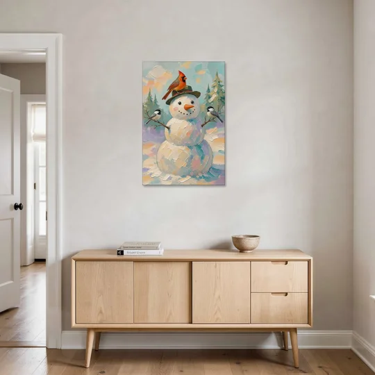 Snowman Artwork with Cardinal and Chickadees - Canvas Wall Art - Coffee Table - 24x36