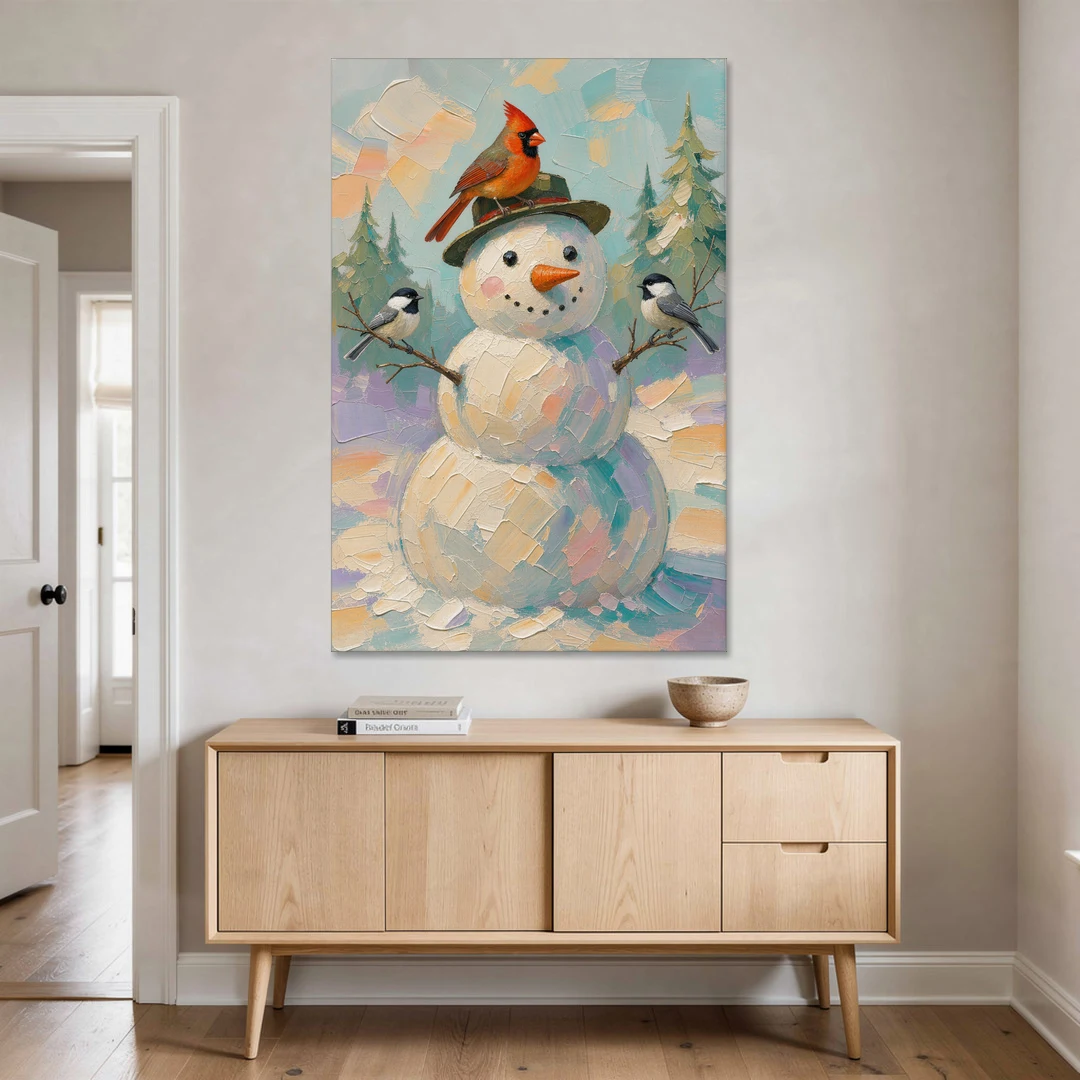 Snowman Artwork with Cardinal and Chickadees - Canvas Wall Art - Coffee Table - 40x60