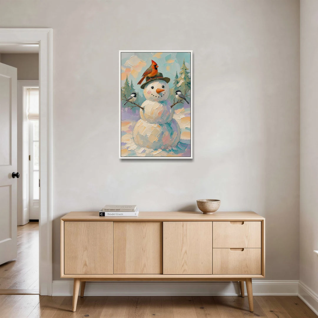 Snowman Artwork with Cardinal and Chickadees - White Framed Canvas Wall Art - Coffee Table - 24x36