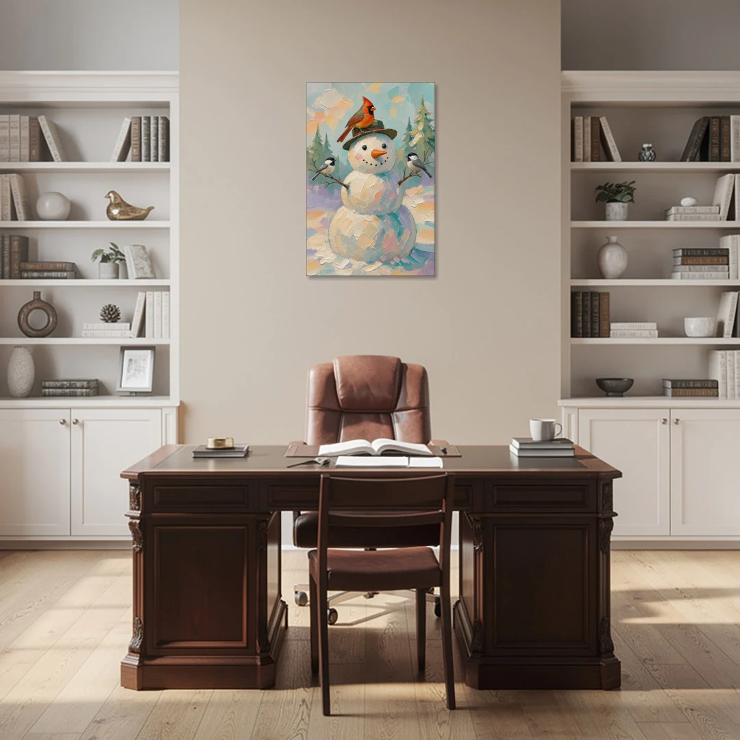 Snowman Artwork with Cardinal and Chickadees - Canvas Wall Art - Office - 24x36