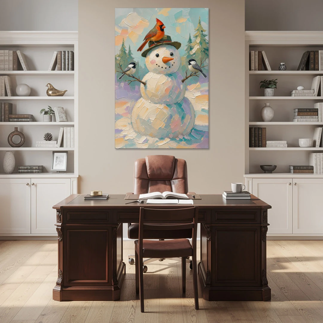 Snowman Artwork with Cardinal and Chickadees - Canvas Wall Art - Office - 40x60