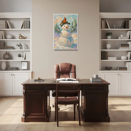 Snowman Artwork with Cardinal and Chickadees - White Framed Canvas Wall Art - Office - 24x36