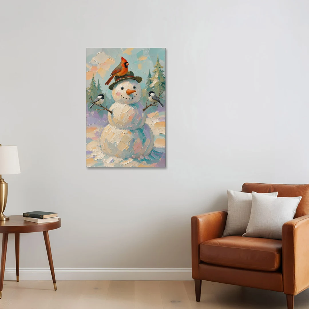 Snowman Artwork with Cardinal and Chickadees - Canvas Wall Art - Sofa - 24x36