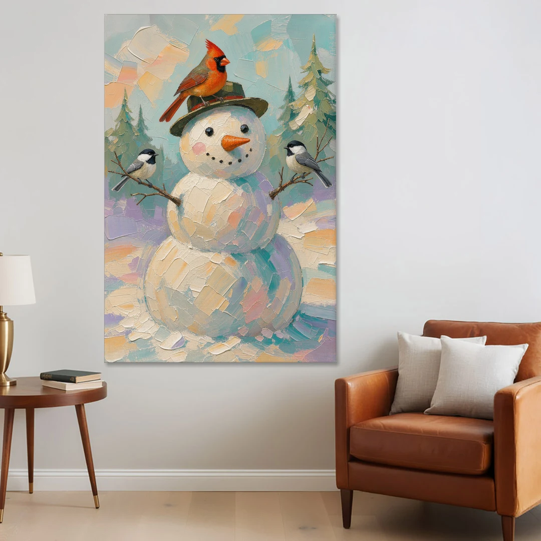 Snowman Artwork with Cardinal and Chickadees - Canvas Wall Art - Sofa - 40x60