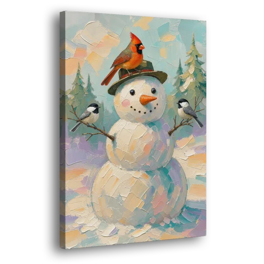 Snowman Artwork with Cardinal and Chickadees - Canvas Wall Art - Side