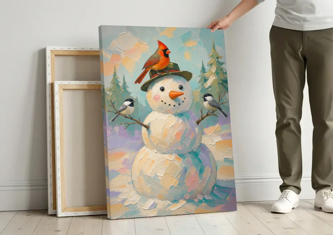 Snowman Artwork with Cardinal and Chickadees canvas wall art leaning against a wall next to blank canvases