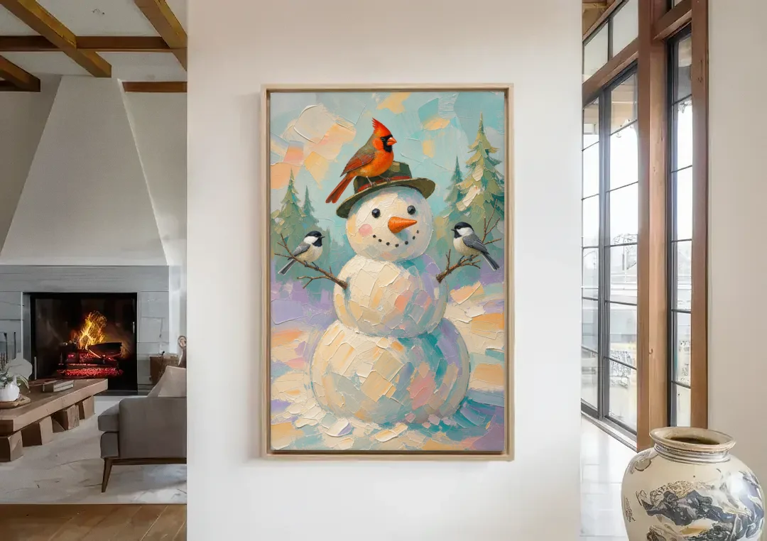 Snowman Artwork with Cardinal and Chickadees canvas wall art in a living room with a fireplace