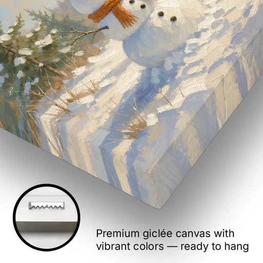 Snowman at the Log Cabin with Chimney Smoke - Canvas Wall Art - Gallery Wrap Corner