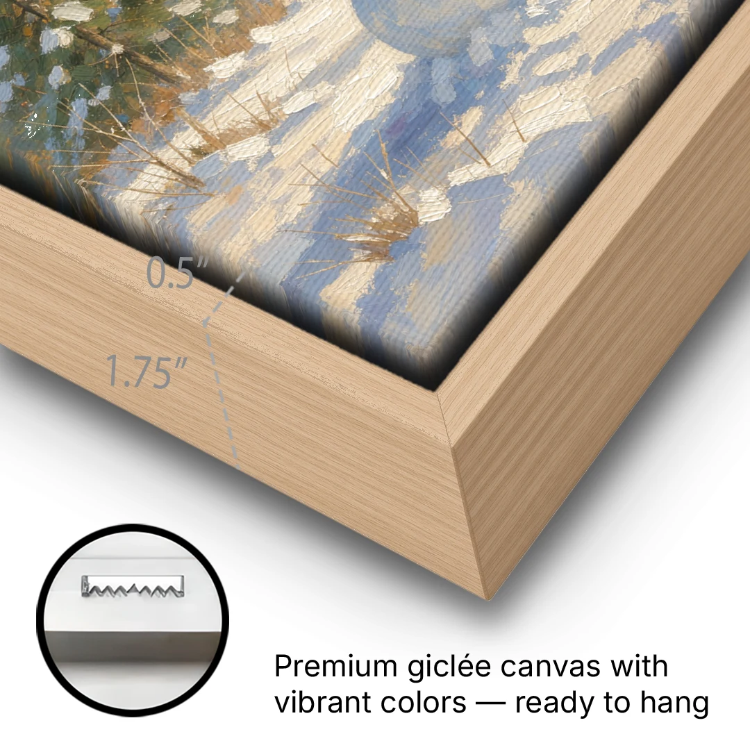 Snowman at the Log Cabin with Chimney Smoke - Oak Framed Canvas Wall Art - Gallery Wrap Corner